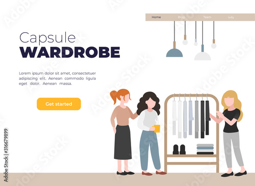 Vector flat illustration about capsule wardrobe. Modern landing page template of wooden cloth rack in minimalistic room with girls in neutral colors clothes. Scandinavian unisex wardrobe.