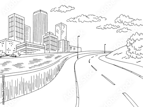 City river graphic black white road street cityscape skyline sketch illustration vector
