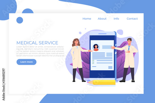 Medical record, Online doctor landigg web page template. Vector illustration.