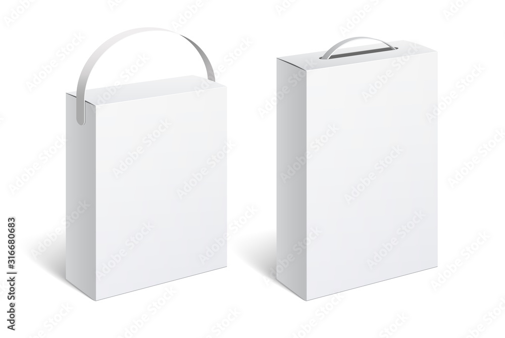 Realistic White Package Box with handle. For Software, electronic device and other products. Vector illustration. Realistic White Package Box with handle. For Software, electronic device and other products. Vector illustration.