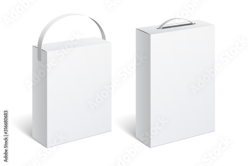 Realistic White Package Box with handle. For Software, electronic device and other products. Vector illustration.