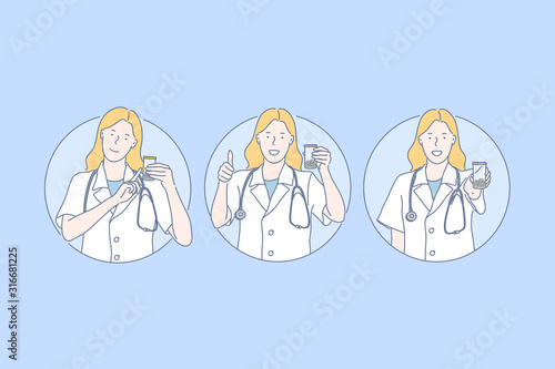 Medicine, remedy advert, healthcare set concept. Young contented doctor participates in remedy advert. Medical workers take care of peoples health. Remedy protects from deseases. Simple flat vector