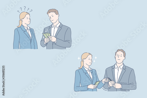 Business, teamwork, deal, money set concept. Young business people made deal between companies. Serious man and happy woman did teamwork on their business project and share money. Simple flat vector
