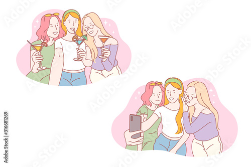Party, selfie, friendhip, social media set concept. Young girls went on party tonight and have fun. Best friends take selfie and post it insocial media. Friendship lasts forever. Simple flat vector