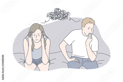 Relationship, family, problem, stress concept. Young upset stressful girlfriend and boyfriend have problem in their family. Problems in relationship may cause raise of stress level. Simple flat vector