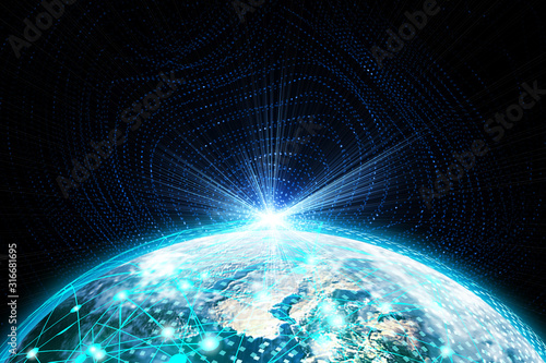 The dotted lines connect the 3D rendered cold light earth and cosmic vortex starry sky background.