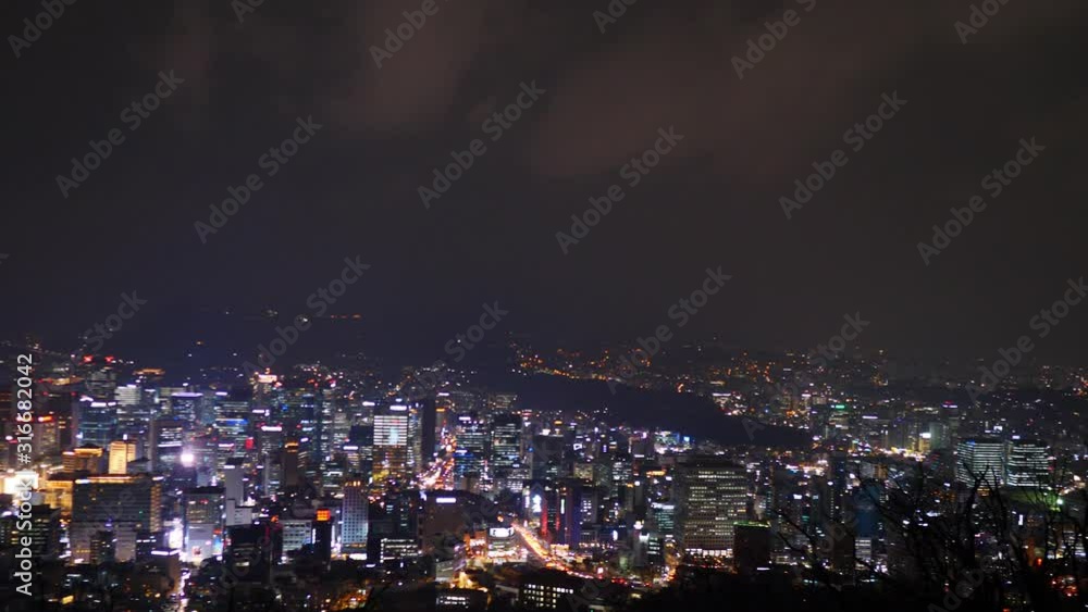 Seoul City At Night Time Lapse. Aerial View And Buildings With Downtown Skyline Seoul City At Night Time Lapse. Aerial View And Buildings With Downtown Skyline