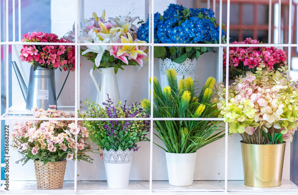 colorful flowers in flower pots