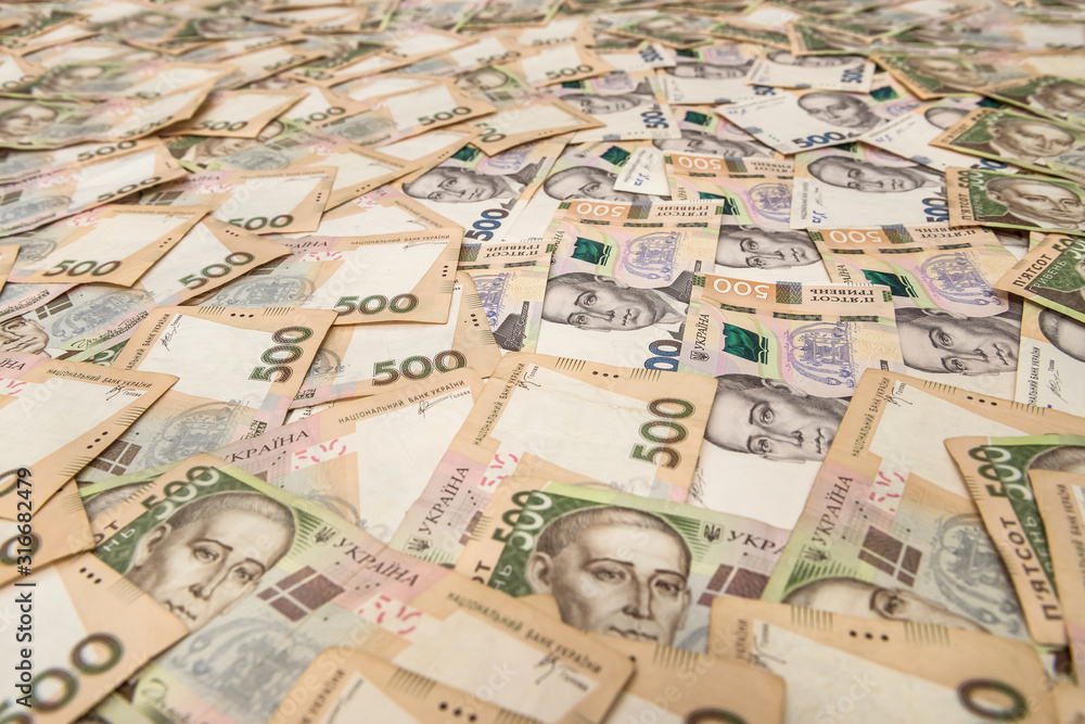 Ukrainian Money backgrounds.   500  banknotes. Hryvnia (UAH). Top view
