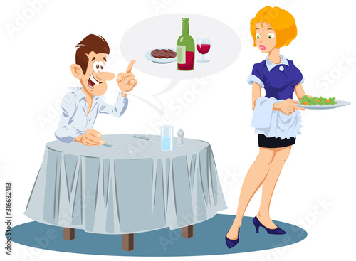 Man and waitress in cafe. Funny people.