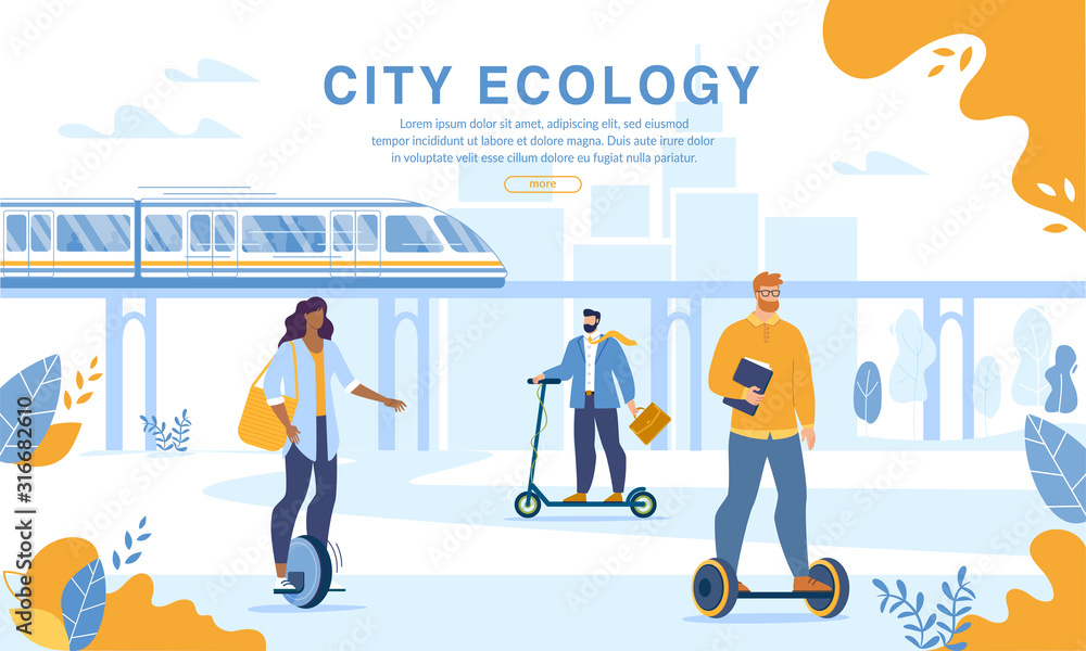 City People Riding Eco Friendly Personal Transport. Webpage Banner Design. Men and Women Driving Electric Scooter, Hoverboard, Monocycle. Modern Ecological Train on Magnetic Pad. Quick Ecological Ride
