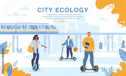 City People Riding Eco Friendly Personal Transport. Webpage Banner Design. Men and Women Driving Electric Scooter, Hoverboard, Monocycle. Modern Ecological Train on Magnetic Pad. Quick Ecological Ride