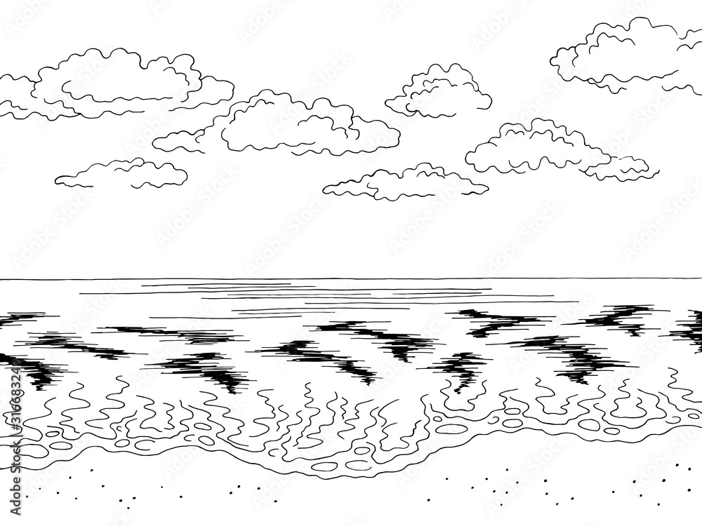 Sea coast graphic beach black white landscape sketch illustration vector Stock Vector Adobe Stock