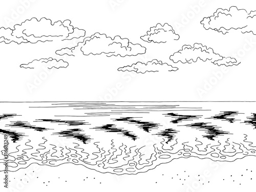 Sea coast graphic beach black white landscape sketch illustration vector
