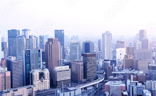 Aerial view of skyscrapers in downtown Osaka  Japan
