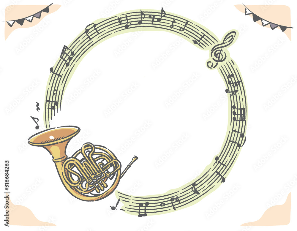 Vecteur Stock ホルンと楽譜、音符のフレーム素材 Adobe Stock