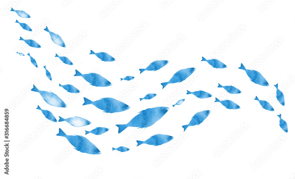 Obraz Silhouettes of groups of fishes on white. Watercolor