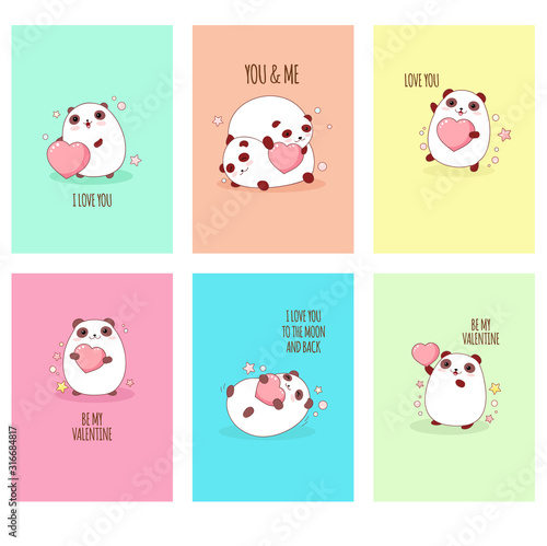 Set of cute Valentine's day stickers with pandas in kawaii style