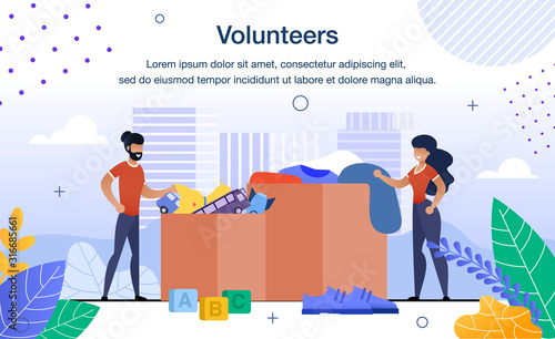 Charity Organization Donations Collecting Event Trendy Flat Vector Banner, Poster Template. Female, Male Volunteers, Social Workers Team Standing near Boxes with Donated Clothes and Toys Illustration