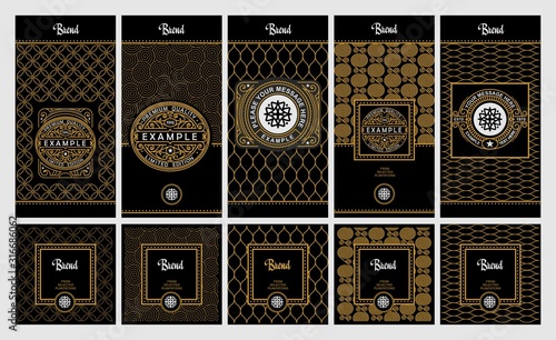 Vector set of design elements, labels ,icon, frames ,for packaging, design of luxury products. Made with golden foil. For perfume, lotion, wine, tea, coffee. Isolated on gold and geometric background.