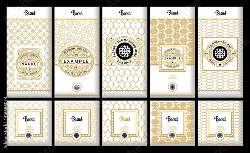 Vector set of design elements, labels ,icon, frames ,for packaging, design of luxury products. Made with golden foil. For perfume, lotion, wine, tea, coffee. Isolated on gold and geometric background.