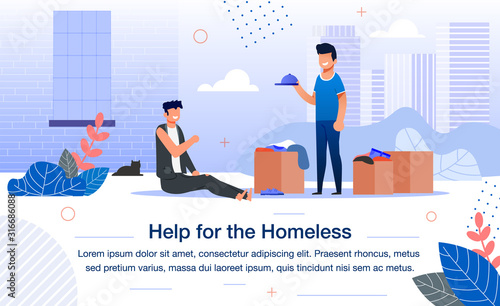 Social Help for Homeless People Trendy Flat Vector Banner, Poster Template. Male Volunteer or Social Worker Giving Clothing to Poor from Box with Donations, Helping Beggar on City Street Illustration