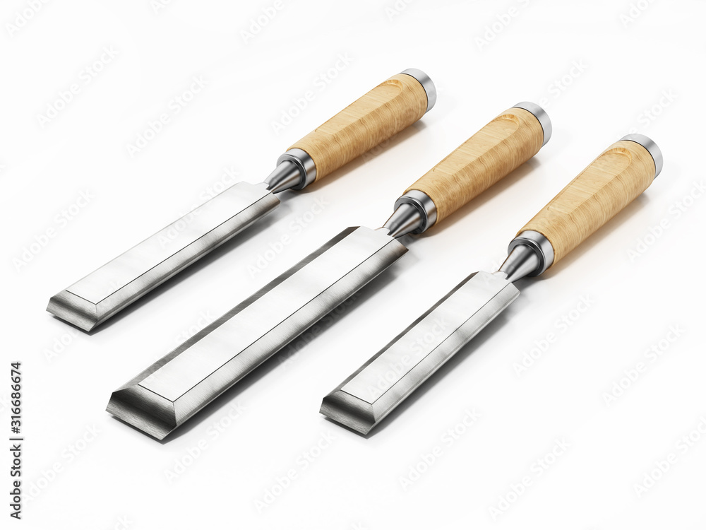 Carpenter's set of chisels isolated on white background. 3D illustration Carpenter's set of chisels isolated on white background. 3D illustration