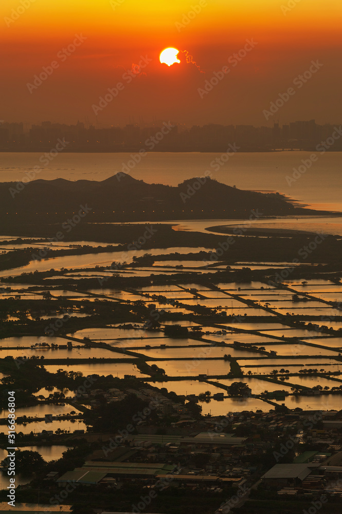 Sunset over rural area of Hong Kong