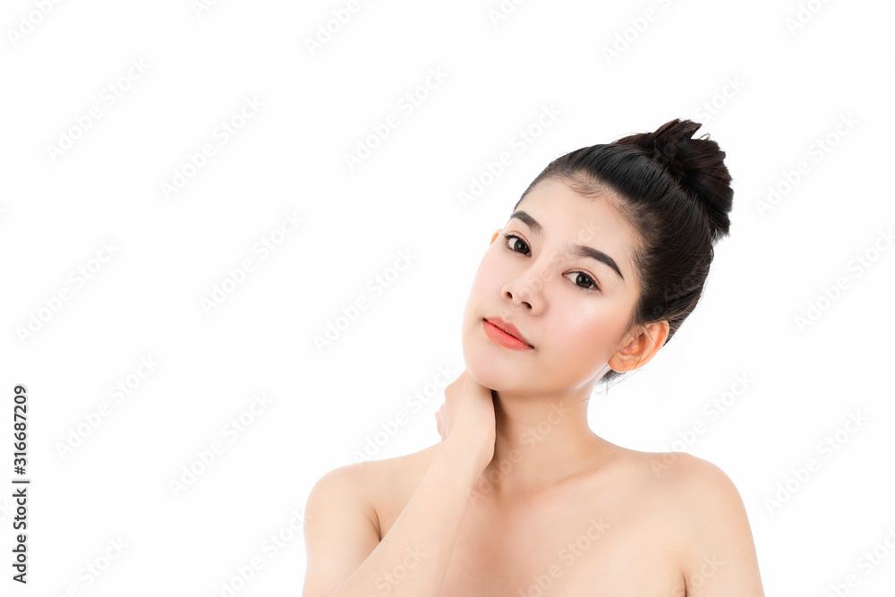 Portrait of attractive asian young woman with beauty skin and face isolated on white background. Healthy skin and face care concept. Portrait of attractive asian young woman with beauty skin and face isolated on white background. Healthy skin and face care concept.