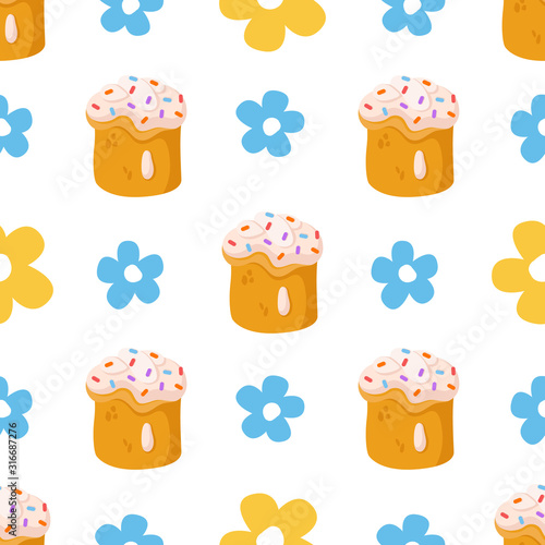 Easter Day - seamless pattern with easter sweet cake or bakery and flowers on white, holiday background or endless texture for textile, fabric, wrapping or scrapbooking paper - vector