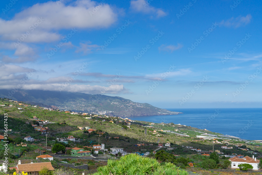 The beautiful island of La Palma, Spain, with a view of the town of Lodero and the Atlantic Ocean