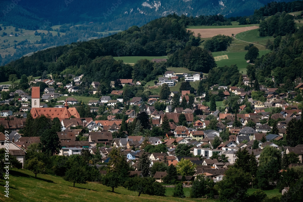 Summer view of a beautiful apline village in Switzerland