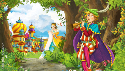 Fototapeta Naklejka Na Ścianę i Meble -  cartoon summer scene with meadow in the forest with beautiful princess girl