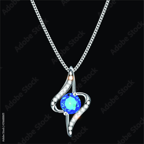 Illustration of a silver pendant on a chain with a precious stone