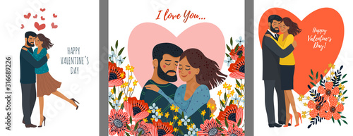 Set of holiday cards with hugging couple and flowers. Cute flat valentines day vector
