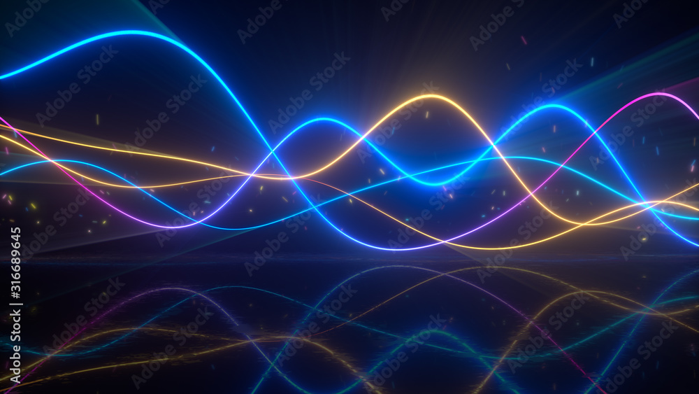 Smooth wavy colorful glowing curves 3D render illustration