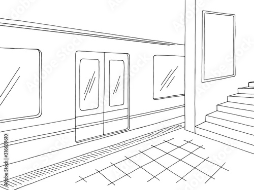 Subway station platform train billboard graphic black white sketch illustration vector