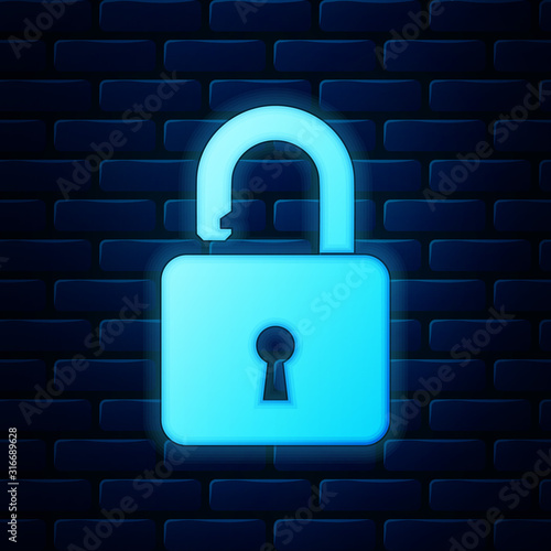 Glowing neon Open padlock icon isolated on brick wall background. Opened lock sign. Cyber security concept. Digital data protection. Safety safety. Vector Illustration