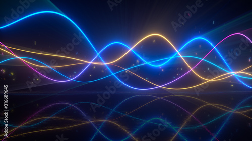 Smooth wavy colorful glowing curves 3D render illustration