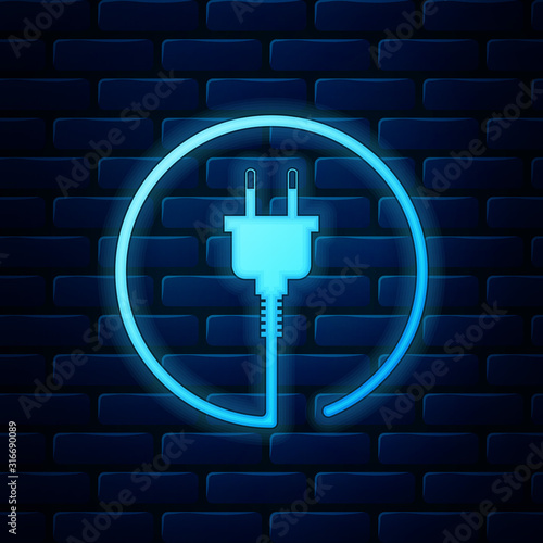 Glowing neon Electric plug icon isolated on brick wall background. Concept of connection and disconnection of the electricity. Vector Illustration