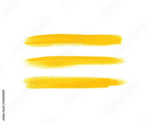 Acrylic art brush painted textured stripes set isolated vector background. Watercolor yellow stroke set.