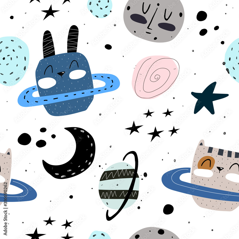 seamless pattern with rabbit, cat in space, planet, moon, decor elements.  Colorful flat style, vector for kids. hand drawing. baby design for fabric,  print, nursery wallpaper. textile Stock Vector | Adobe Stock
