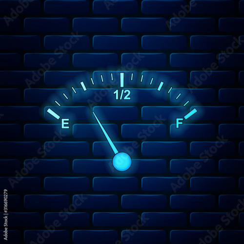 Glowing neon Motor gas gauge icon isolated on brick wall background. Empty fuel meter. Full tank indication. Vector Illustration