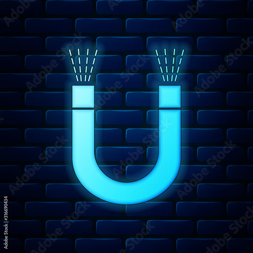 Glowing neon Magnet icon isolated on brick wall background. Horseshoe magnet, magnetism, magnetize, attraction. Vector Illustration
