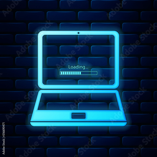 Glowing neon Laptop update process with loading bar icon isolated on brick wall background. System software update. Loading process in laptop screen. Vector Illustration