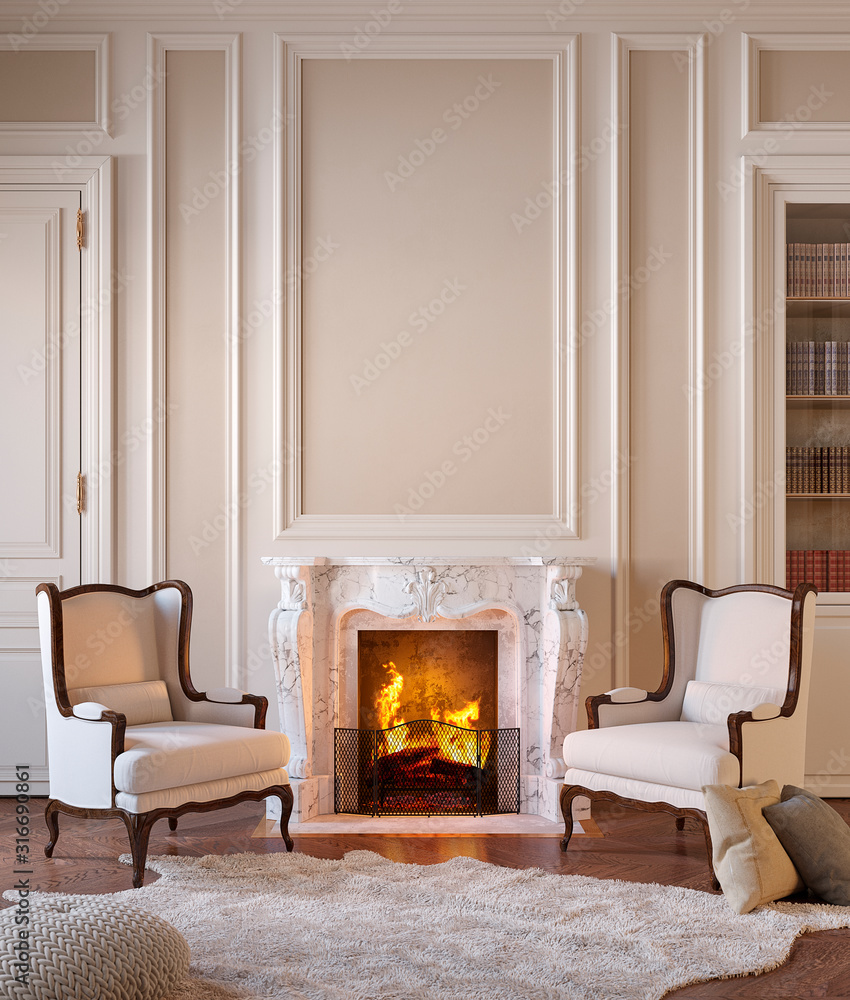 Classic beige interior with fireplace, armchairs, moldings, wall pannel ...