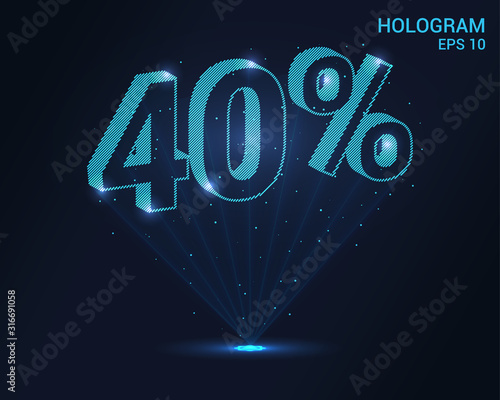 The hologram 40 percent. Holographic projection sale tag 40%. Flickering energy flux of particles. Scientific design of the sale campaign.