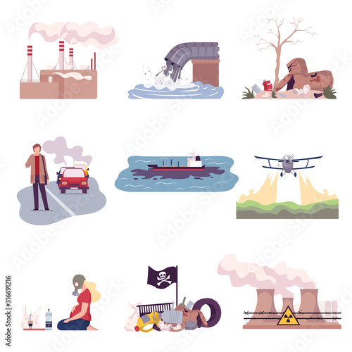 Environmental Pollution and Its Sources Vector Illustrations Set