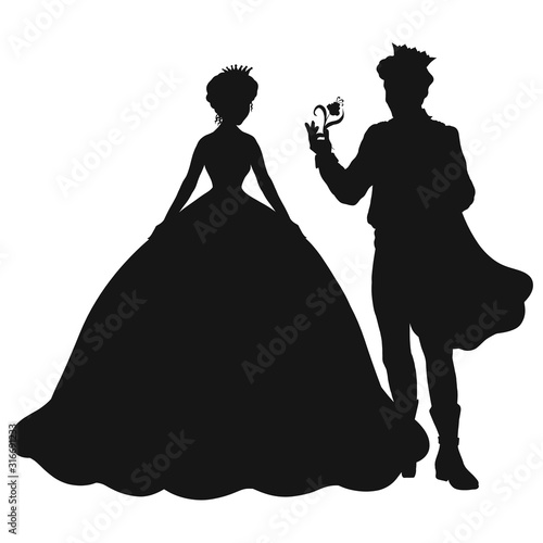 Prince gives the princess a flower, black silhouette