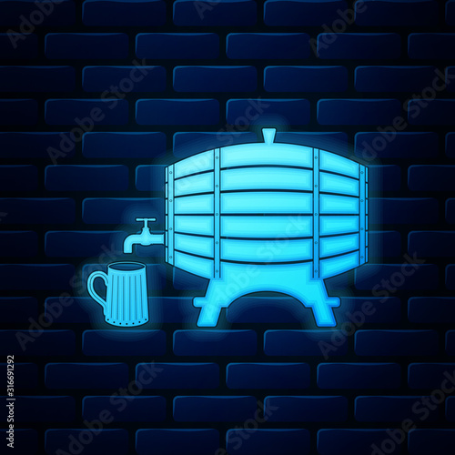 Glowing neon Wooden barrel on rack with stopcock and wooden beer mug icon isolated on brick wall background. Vector Illustration